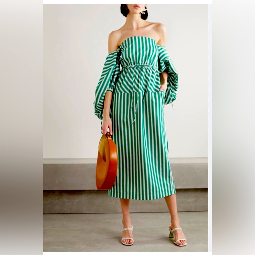 Rosie Assoulin green white stripe dress with bleach damage